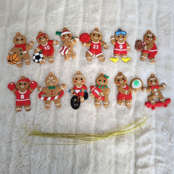 Set Of 12 Gingerbread Man Mini Ornaments Sports Theme Plastic Mini Tree Holiday - Picture 1 of 5
